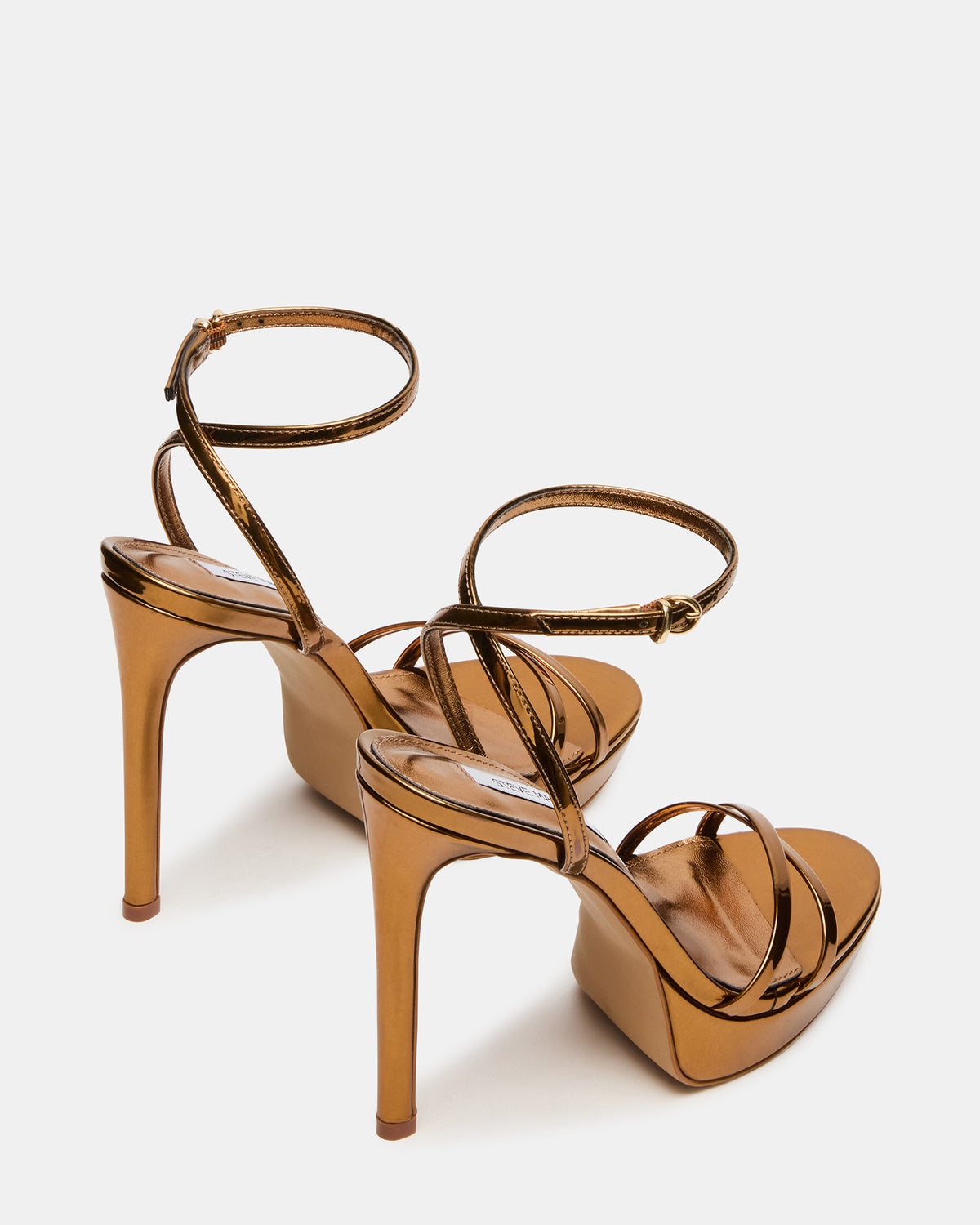 JUNI Bronze Criss Cross Stiletto Ankle Strap Women's Heel | Steve Madden