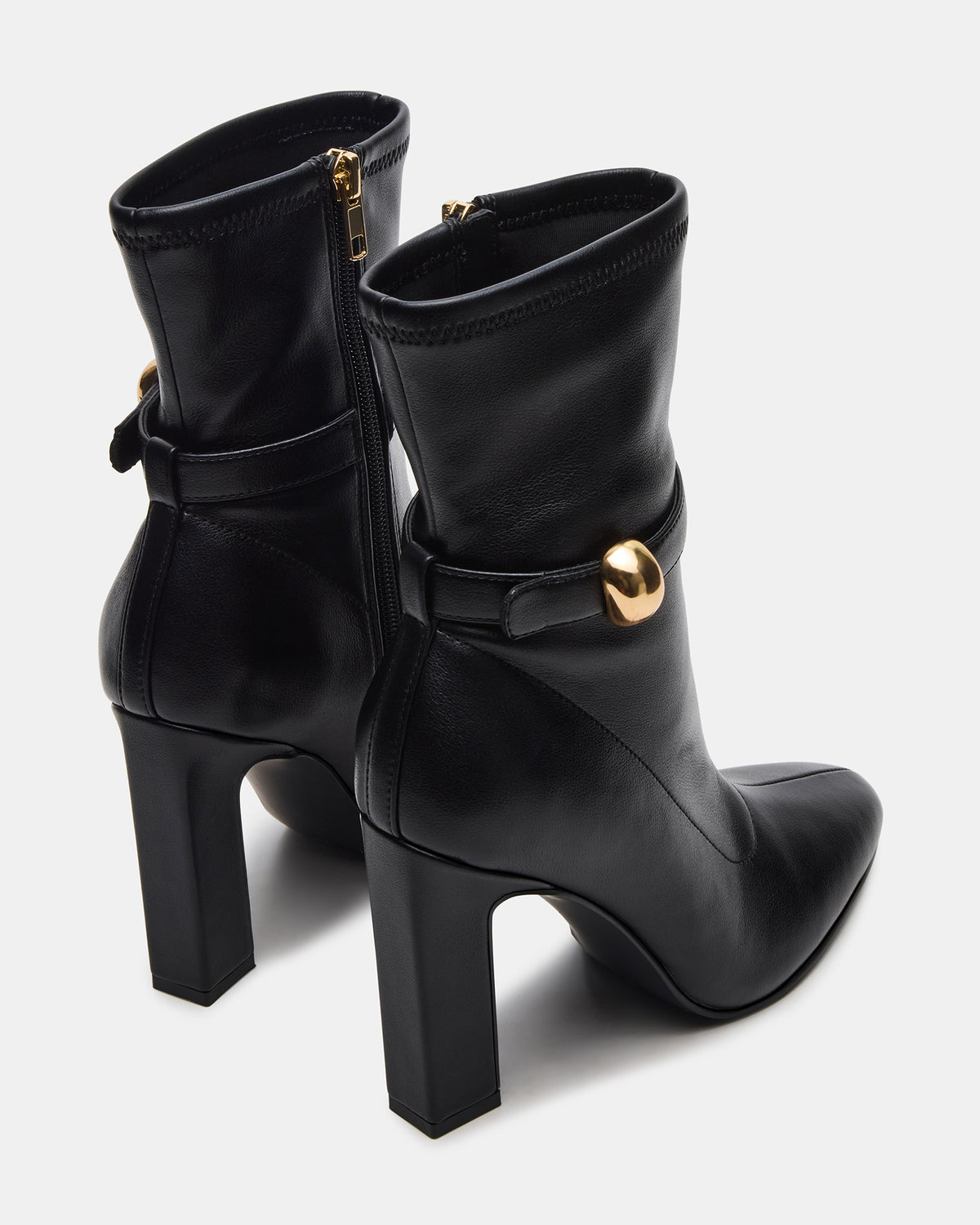 AROMA Black Buckle Gold Detail Block Heel Women's Ankle Boot | Steve Madden