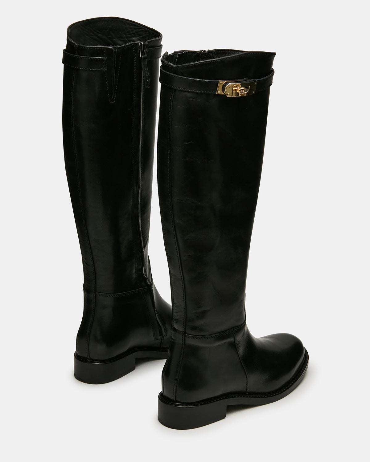 BEXLEY Black Leather Knee-High Round-Toe Buckle Women's Boot | Steve Madden