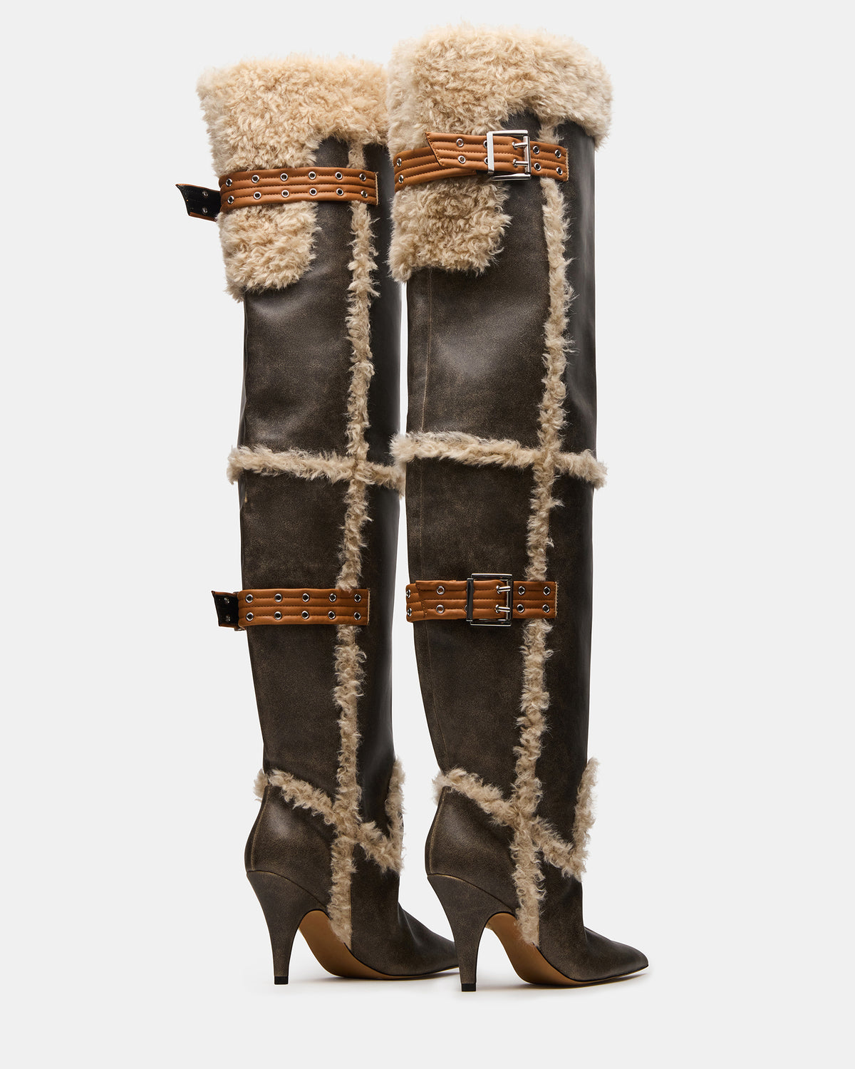 BADDIE Faux Fur Brown Distressed Over-The-Knee Moto Women's Boot | Steve Madden