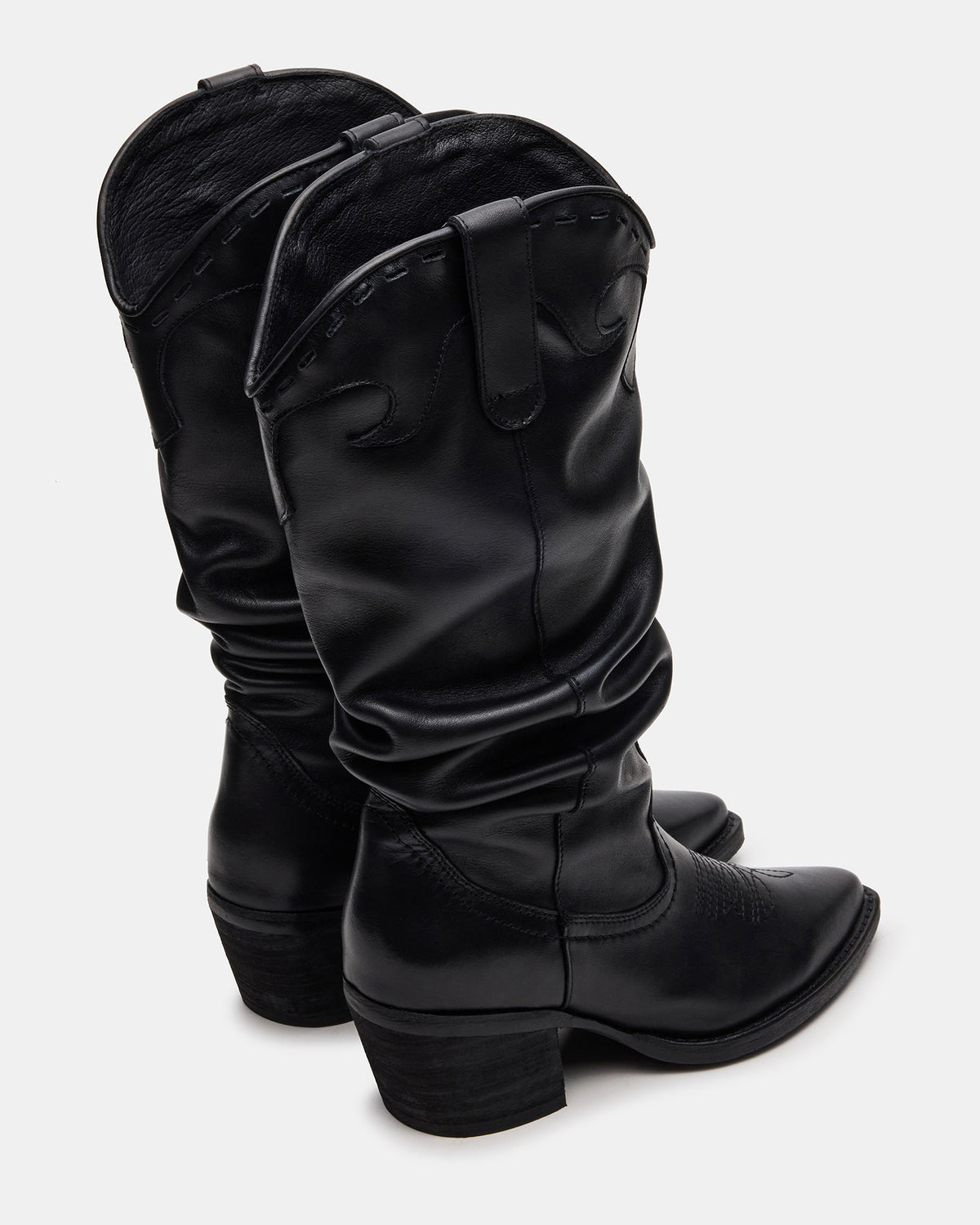 STAGE Black Leather Pointed-Toe Scrunched Western Women's Boot | Steve Madden