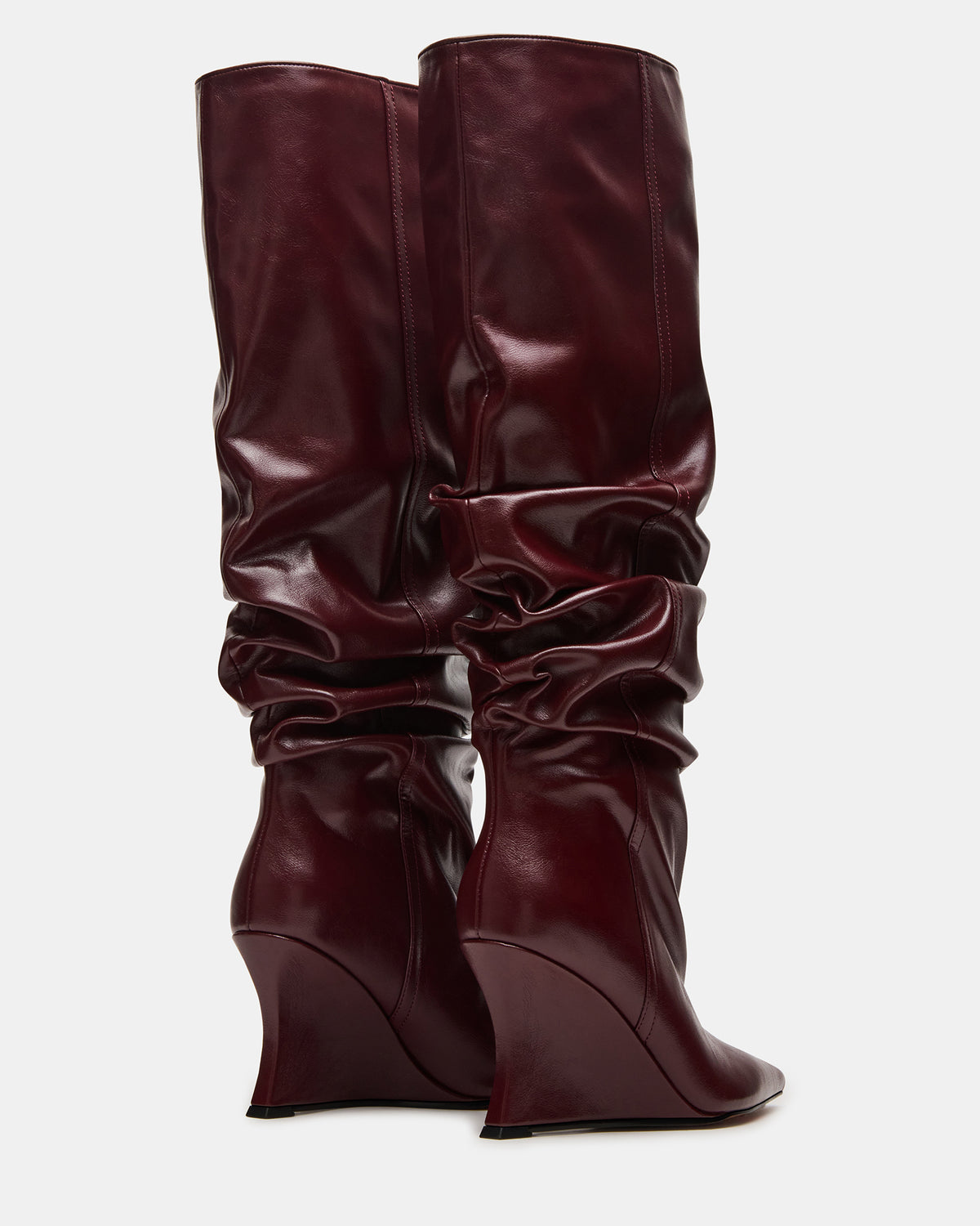 DISTORTION Burgundy Pointed-Toe Scrunched Knee-High Wedge Women's Boot | Steve Madden