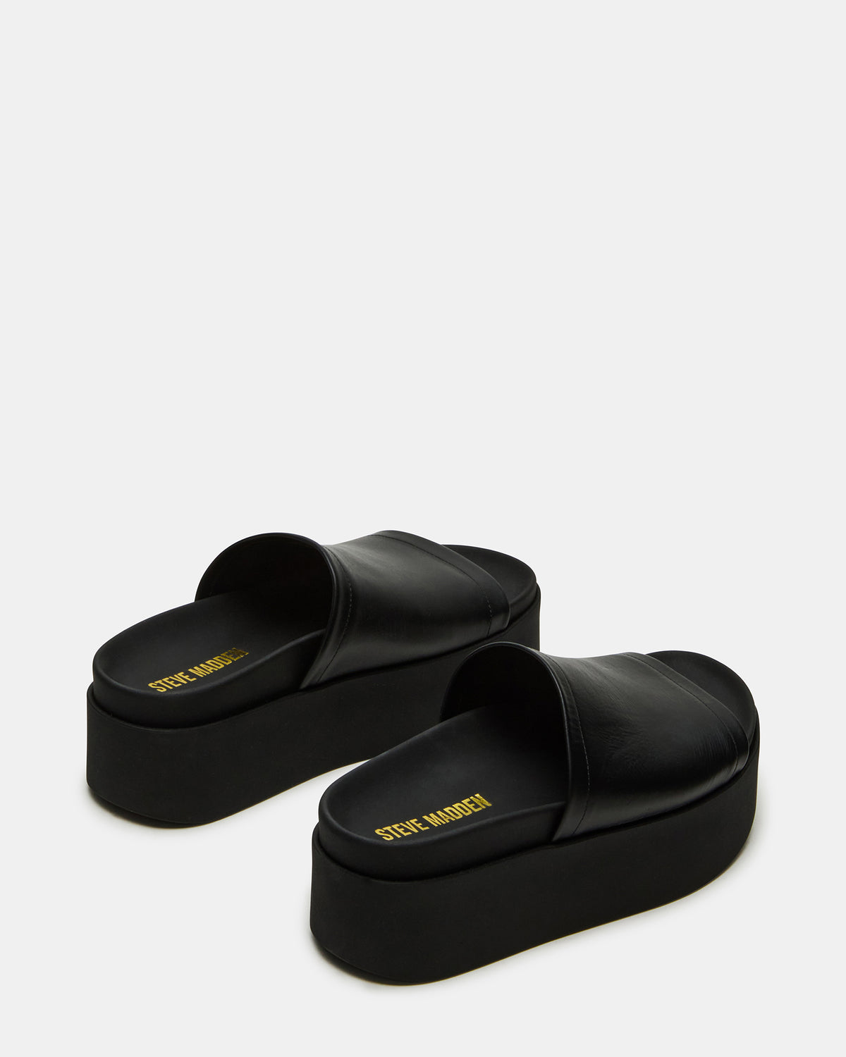 ARWEN Black Leather Women's Platform Footbed Slide Chunky Sandal | Steve Madden