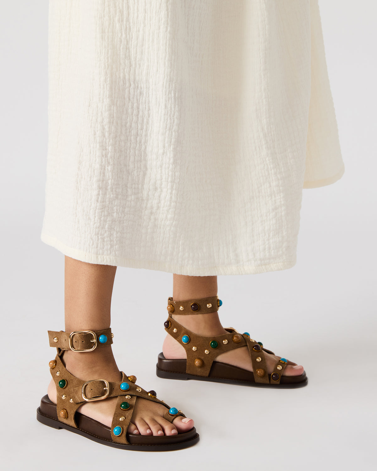 LINEAR Grey Suede Strappy Footbed Studded Women's Sandal | Steve Madden
