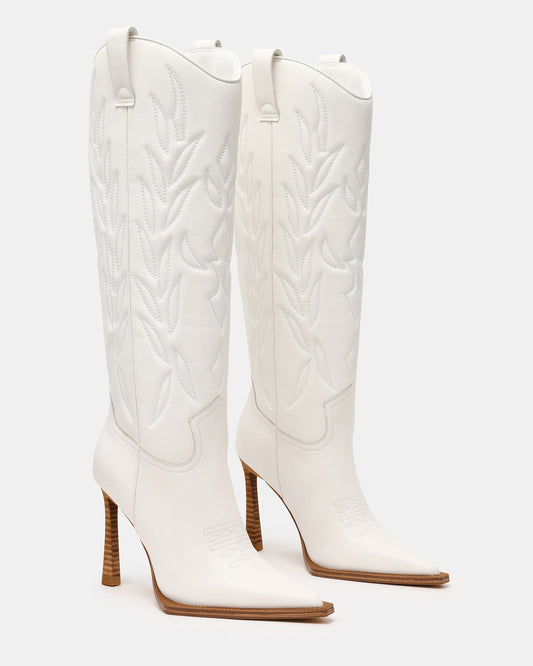 KINZEE White Leather Pointed-Toe Knee-High Western Stiletto Women's Boot | Steve Madden