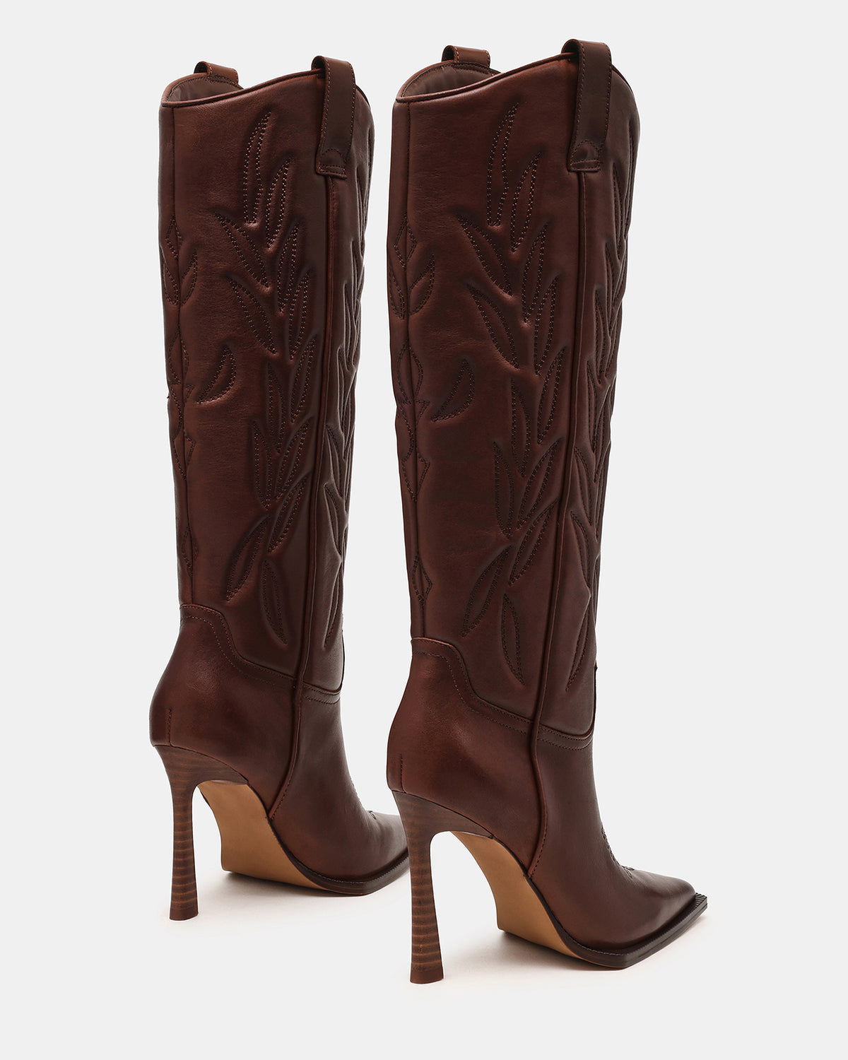 KINZEE Brown Leather Pointed-Toe Knee-High Western Stiletto Women's Boot | Steve Madden