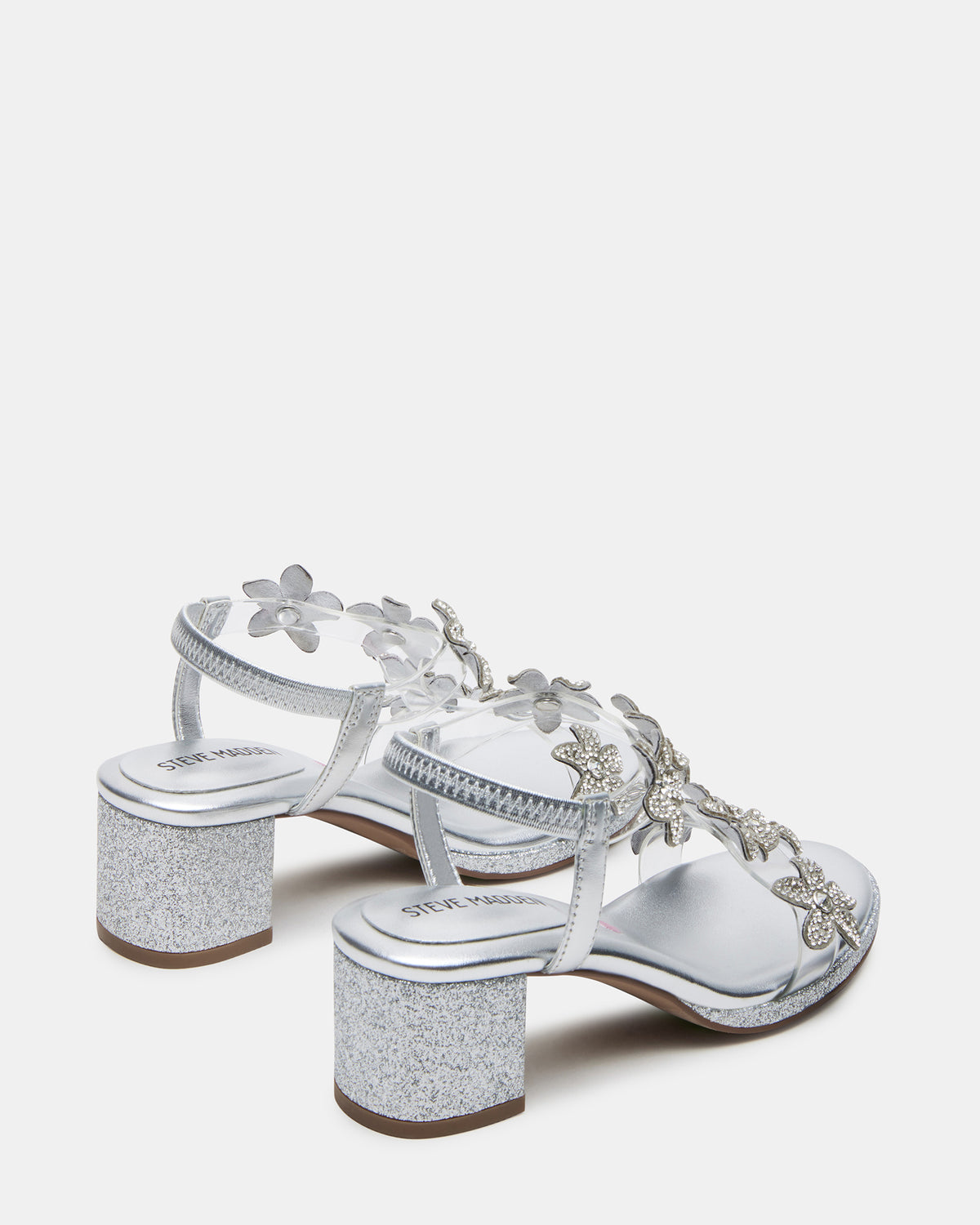 Kids' SAVVY Silver Girls' Strappy Rhinestone Block Heel | Steve Madden
