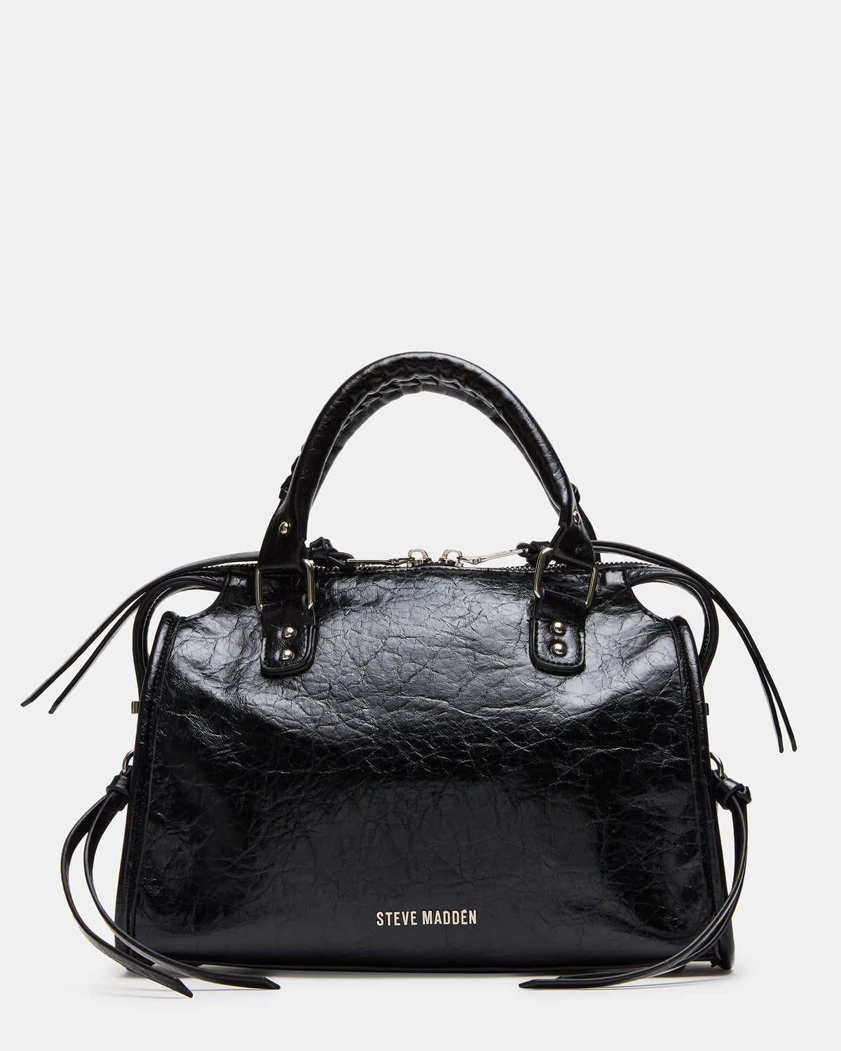 RIGGS Bag Embellished Black Distressed Slouchy Top-Handle Crossbody Satchel Handbag | Steve Madden