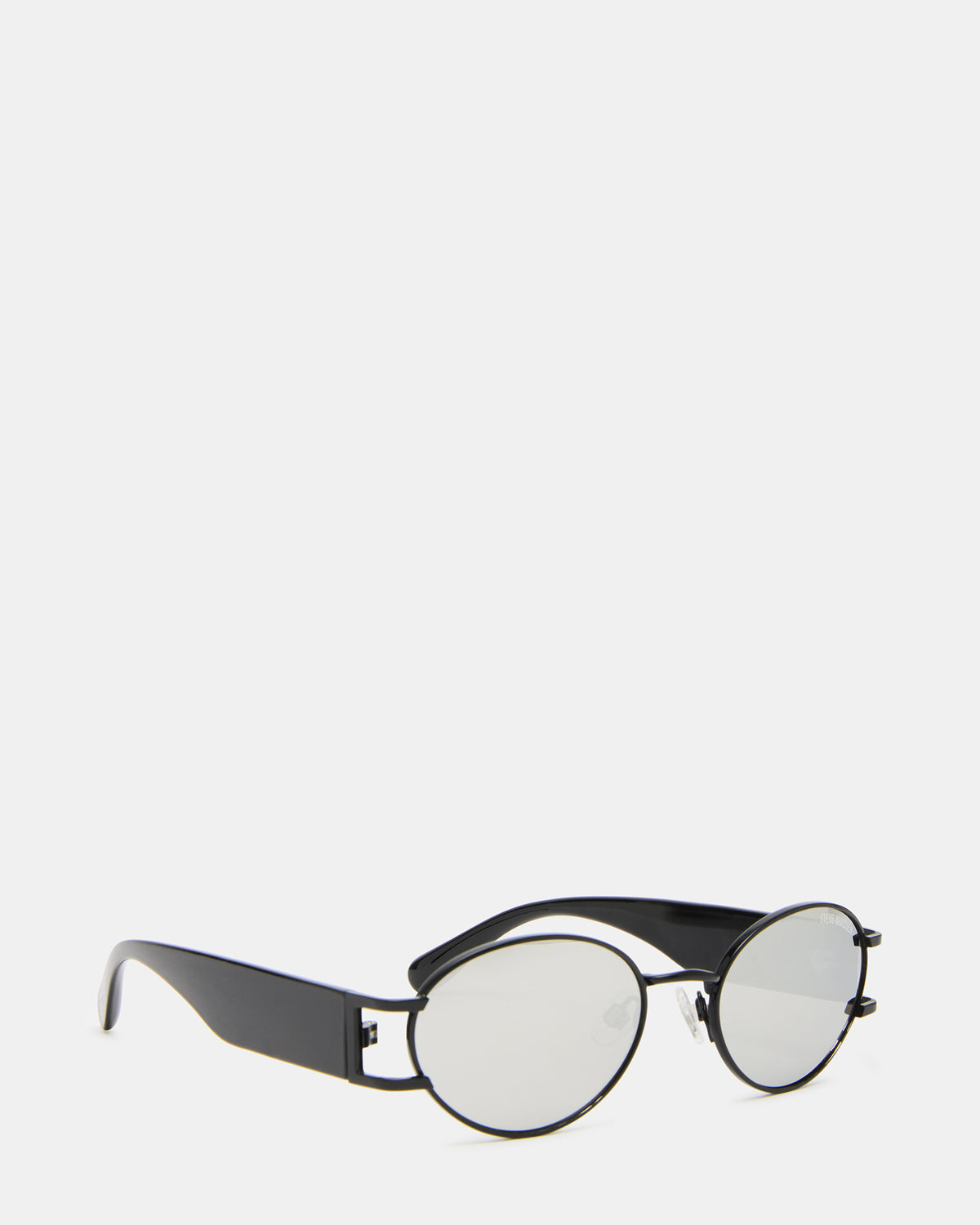 DUTTEN Black Frame Almond Solid Smoke Silver Flash Oval Sunglasses | Steve Madden