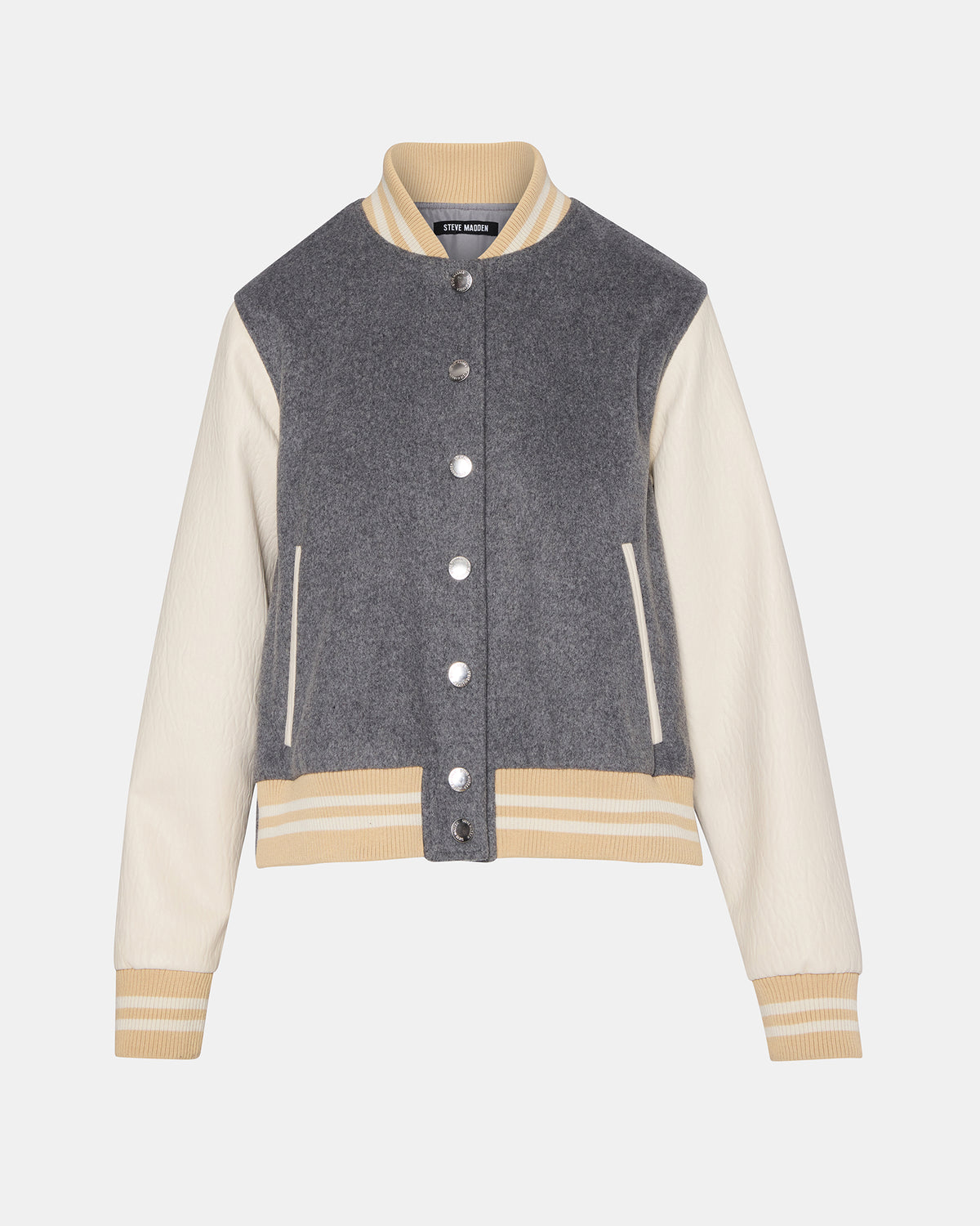 ROONEY Heather Grey Long-Sleeved Varsity Bomber Women's Jacket | Steve Madden