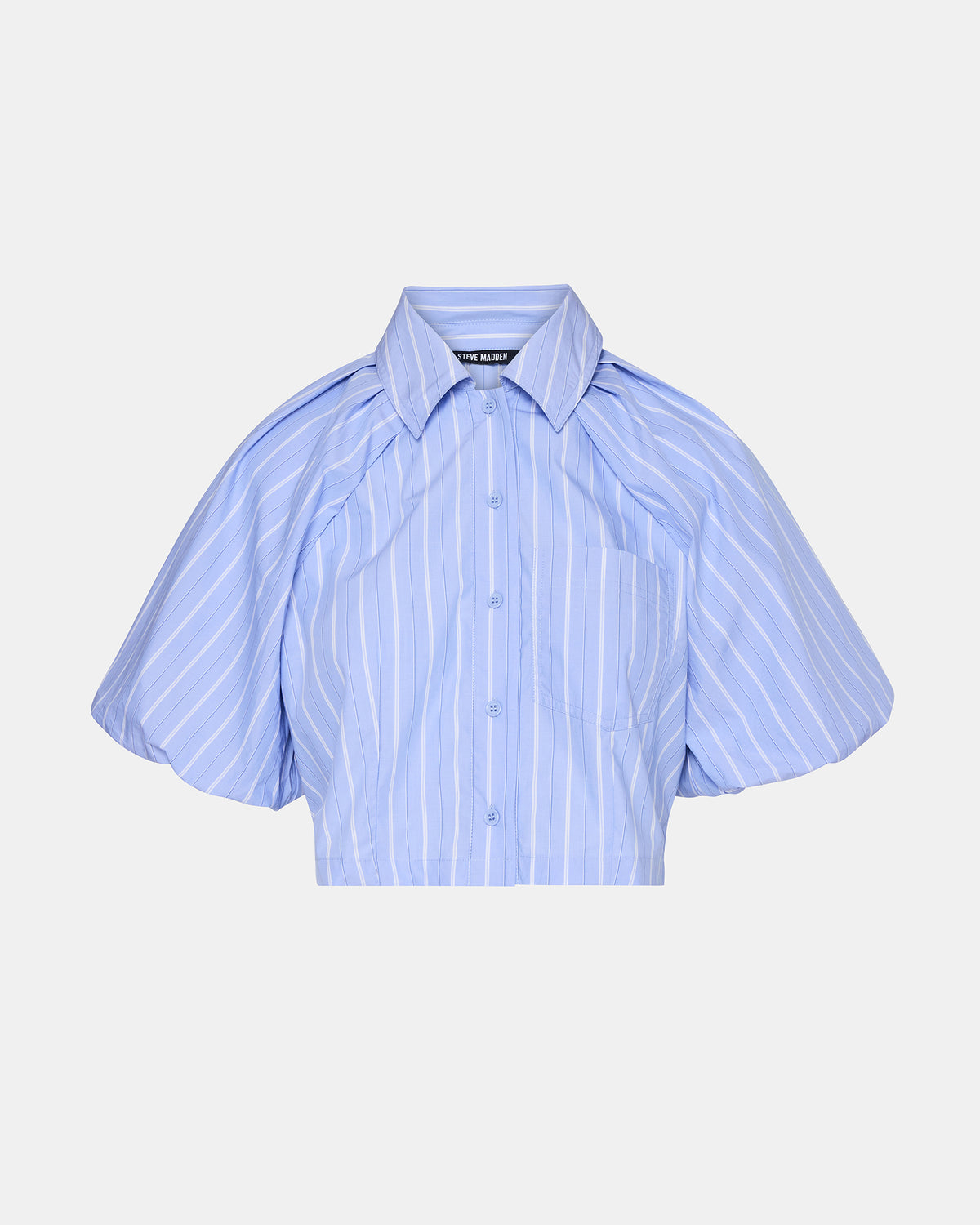 REECE Soft Blue Button-Up Collared Bubble Sleeve Women's Top | Steve Madden