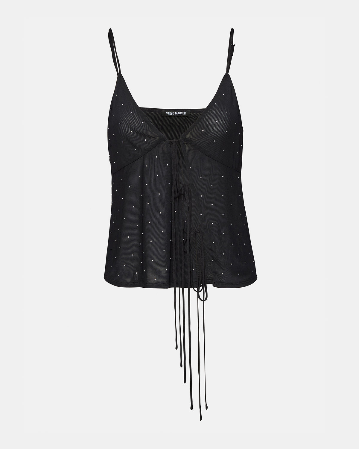 INDY Top Black | Women's Tie Fastening Rhinestone Camisole Tank Top | Steve Madden