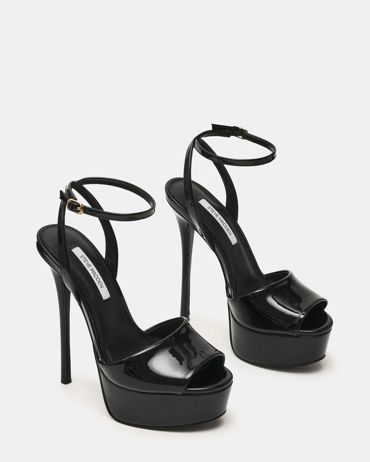 JEZZICA Black Patent Platform Stiletto Ankle Strap Women's Heel | Steve Madden