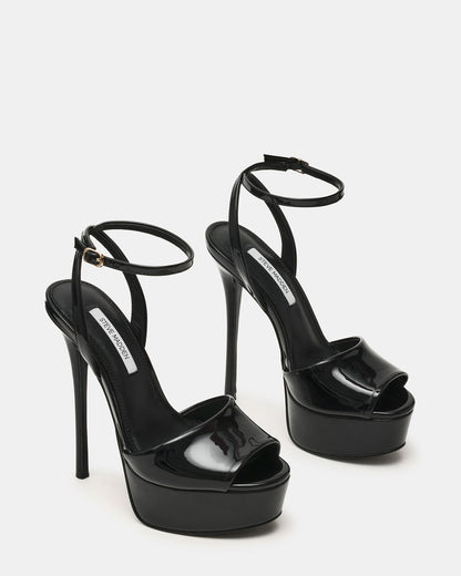 JEZZICA Black Patent Platform Stiletto Ankle Strap Women's Heel | Steve Madden