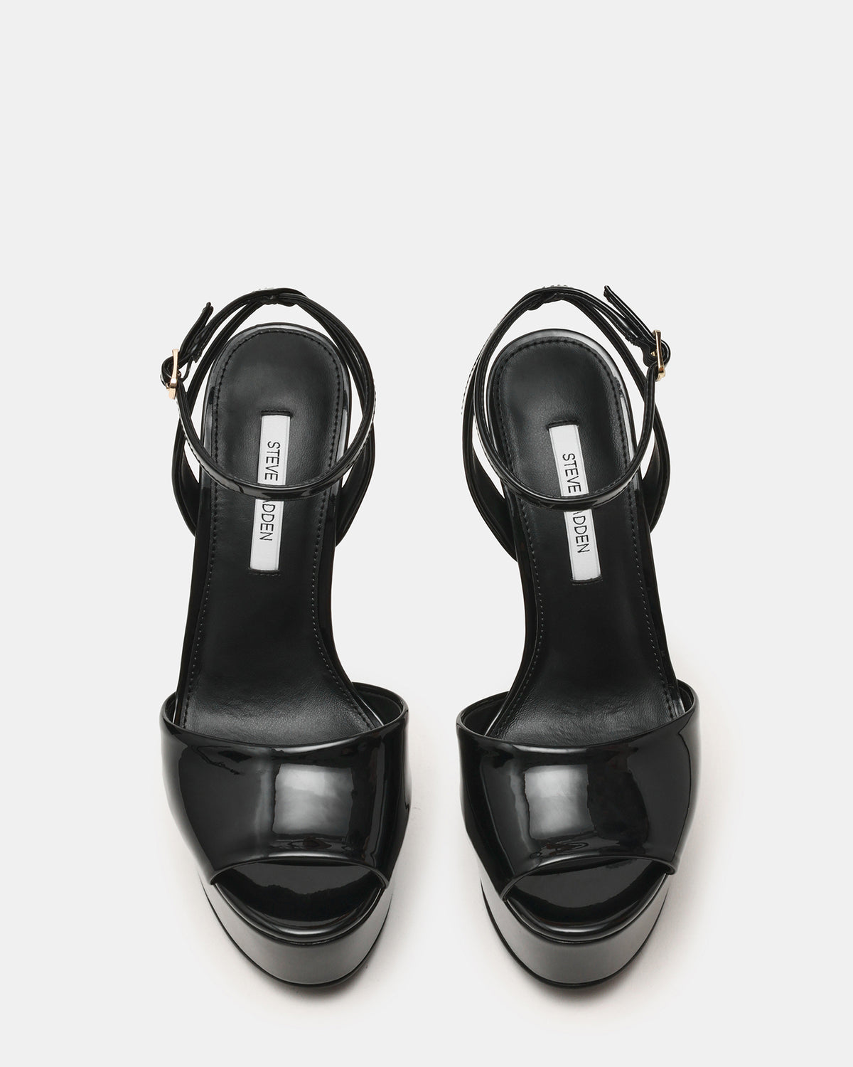 JEZZICA Black Patent Platform Stiletto Ankle Strap Women's Heel | Steve Madden