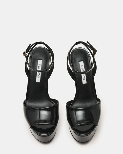 JEZZICA Black Patent Platform Stiletto Ankle Strap Women's Heel | Steve Madden
