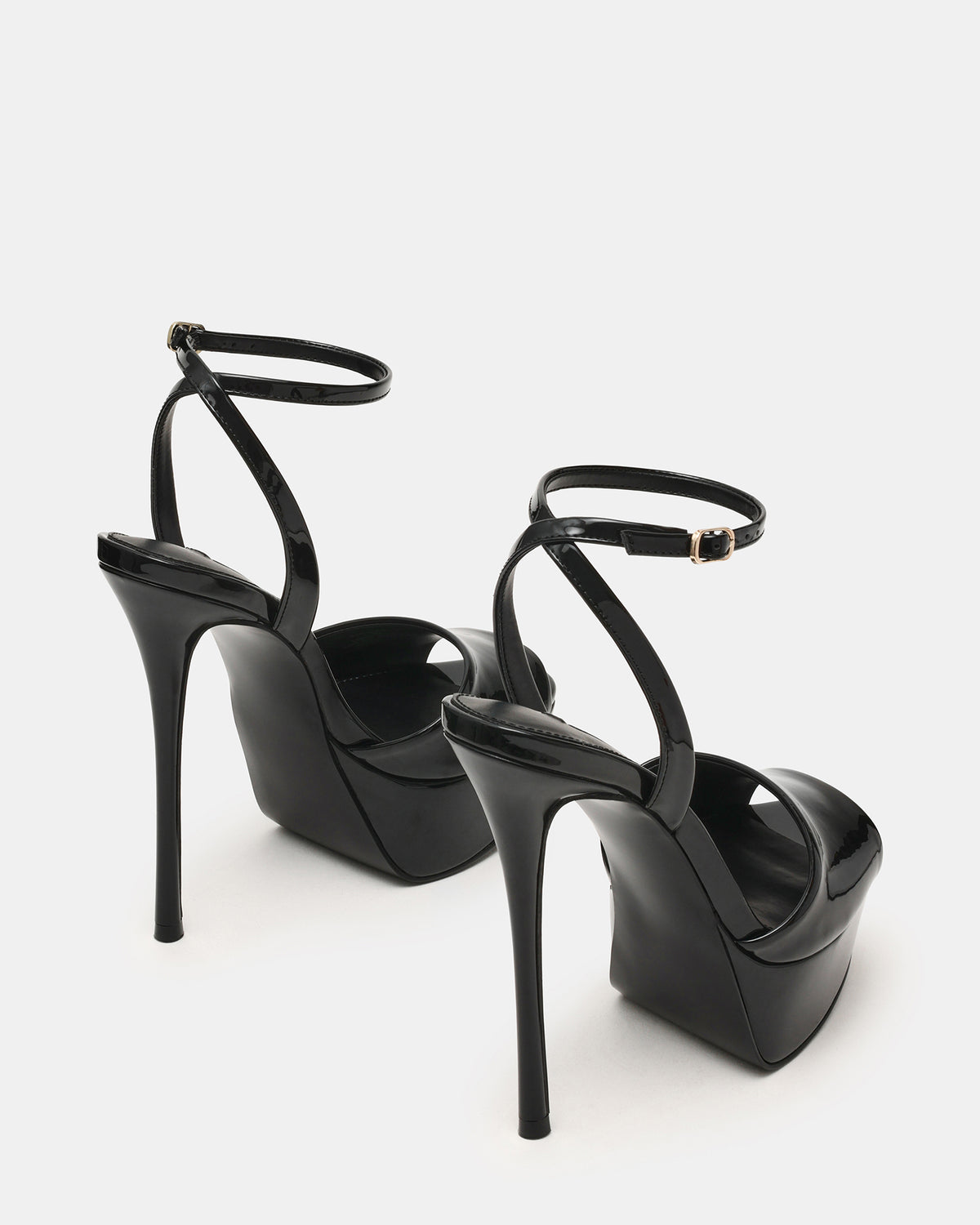 JEZZICA Black Patent Platform Stiletto Ankle Strap Women's Heel | Steve Madden