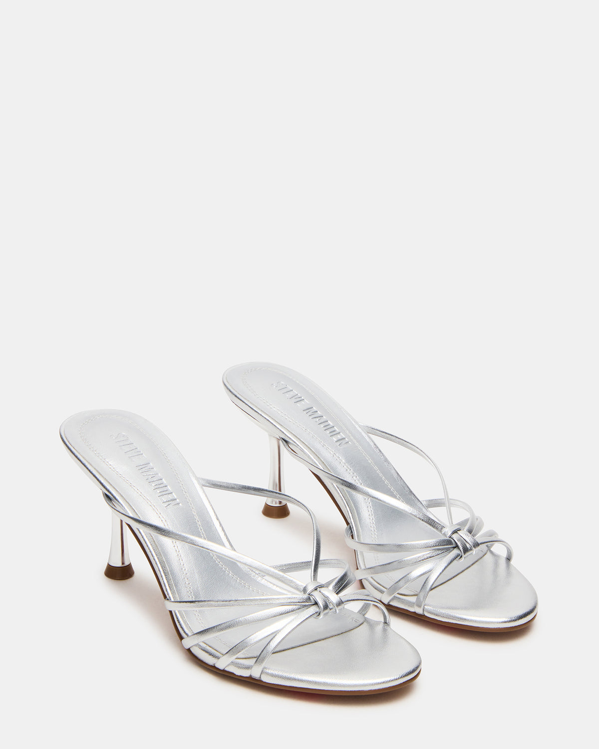 EDNA Silver Leather Strappy Mule Women's Heel | Steve Madden