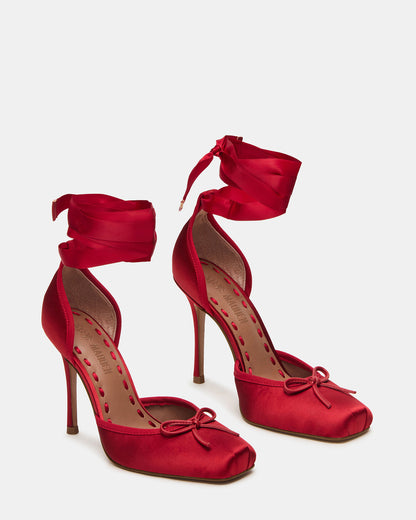 LARINA Red Satin Square-Toe Stiletto Pump Lace-Up Women's Heel | Steve Madden