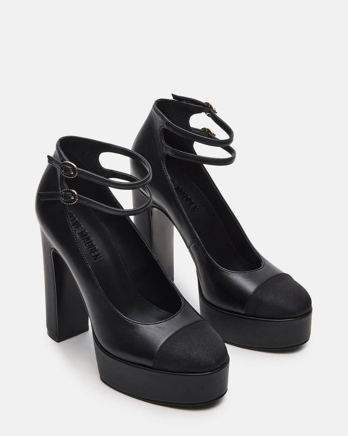 PEYTON Black Leather Block Heel Platform Women's Heel | Steve Madden