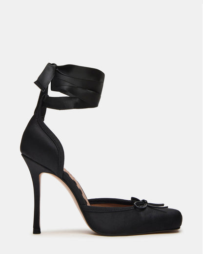 LARINA Black Satin Square-Toe Stiletto Pump Lace-Up Women's Heel | Steve Madden