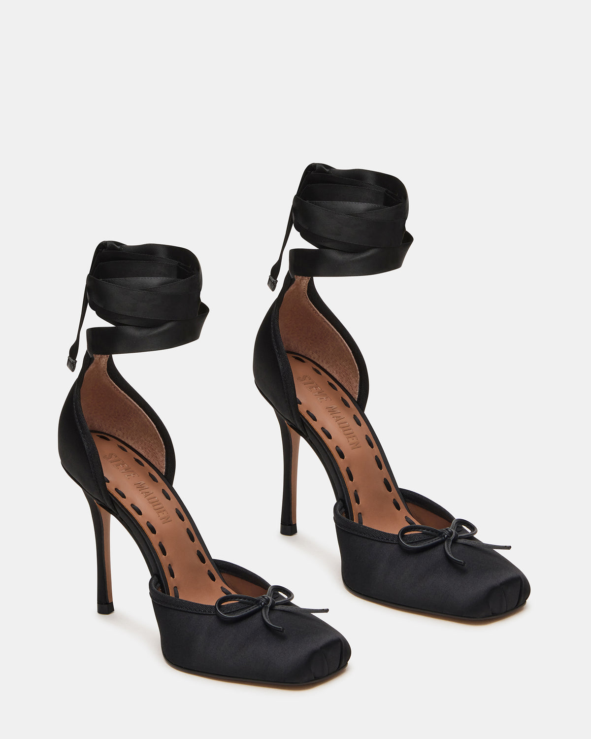 LARINA Black Satin Square-Toe Stiletto Pump Lace-Up Women's Heel | Steve Madden
