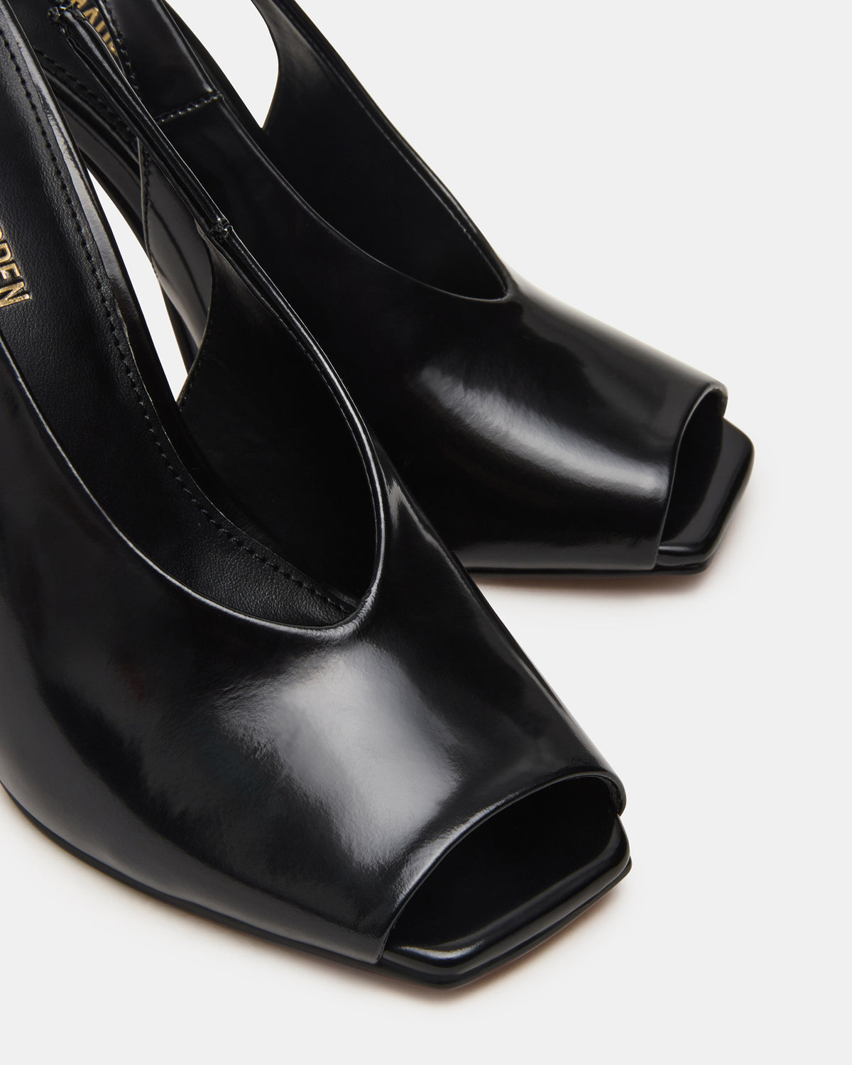 LUCIAN Black Leather Square-Toe Peep-Toe Slingback Women's Heel | Steve Madden