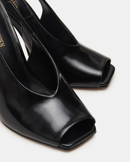 LUCIAN Black Leather Square-Toe Peep-Toe Slingback Women's Heel | Steve Madden