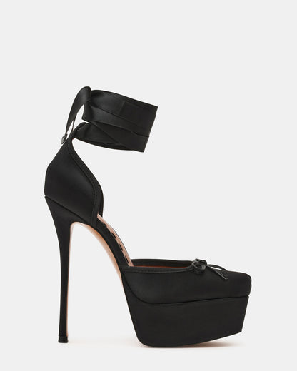 LISTEN Black Satin Stiletto Pump Lace-Up Women's Heel | Steve Madden