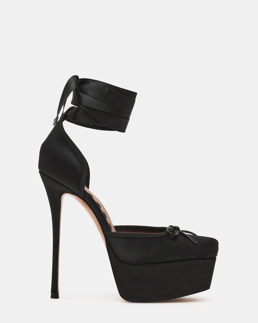 LISTEN Black Satin Stiletto Pump Lace-Up Women's Heel | Steve Madden