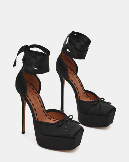 LISTEN Black Satin Stiletto Pump Lace-Up Women's Heel | Steve Madden