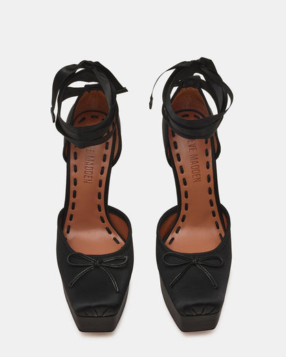 LISTEN Black Satin Stiletto Pump Lace-Up Women's Heel | Steve Madden