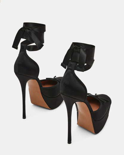 LISTEN Black Satin Stiletto Pump Lace-Up Women's Heel | Steve Madden