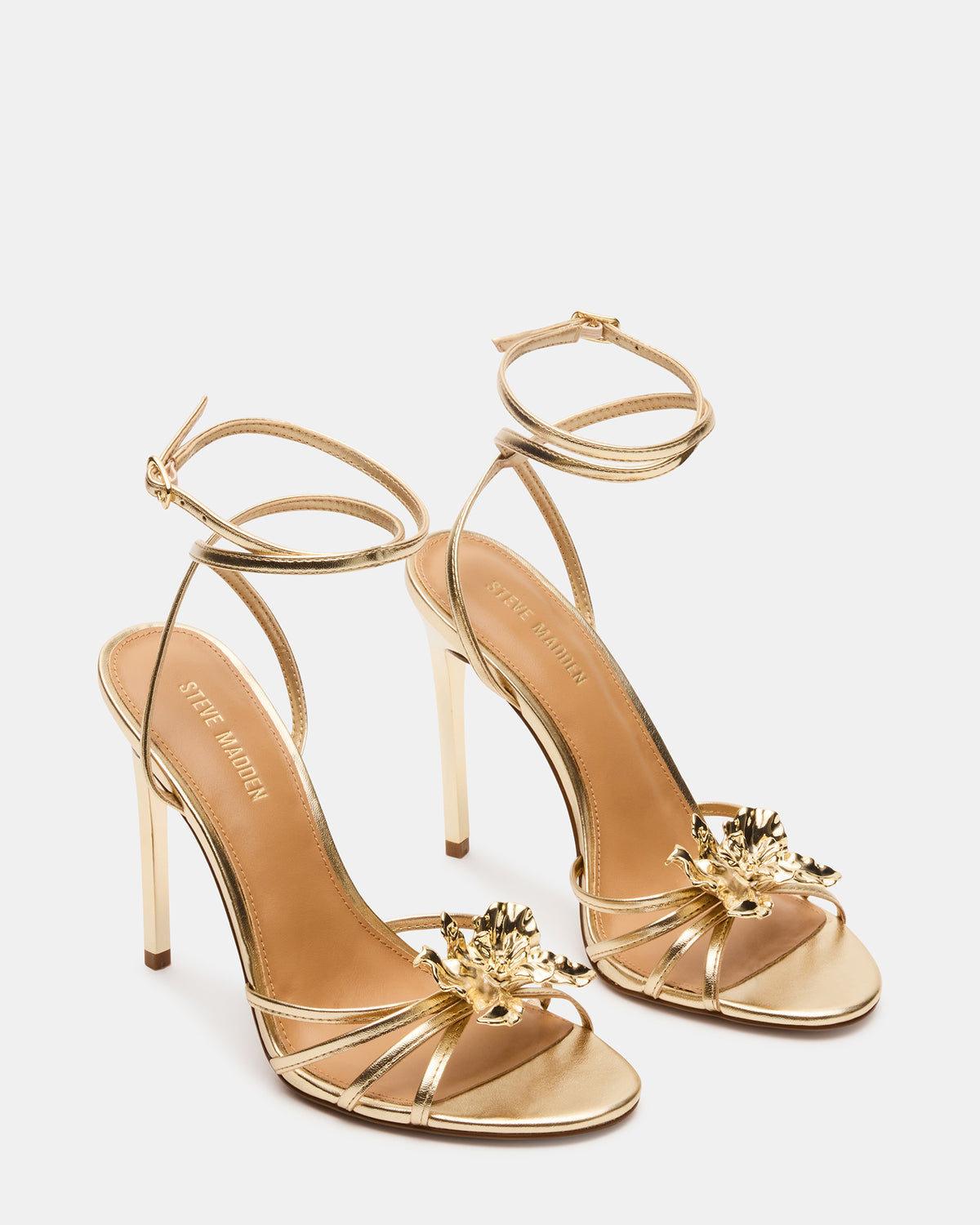 SWIRL Gold Strappy Stiletto Flower Women's Heel | Steve Madden