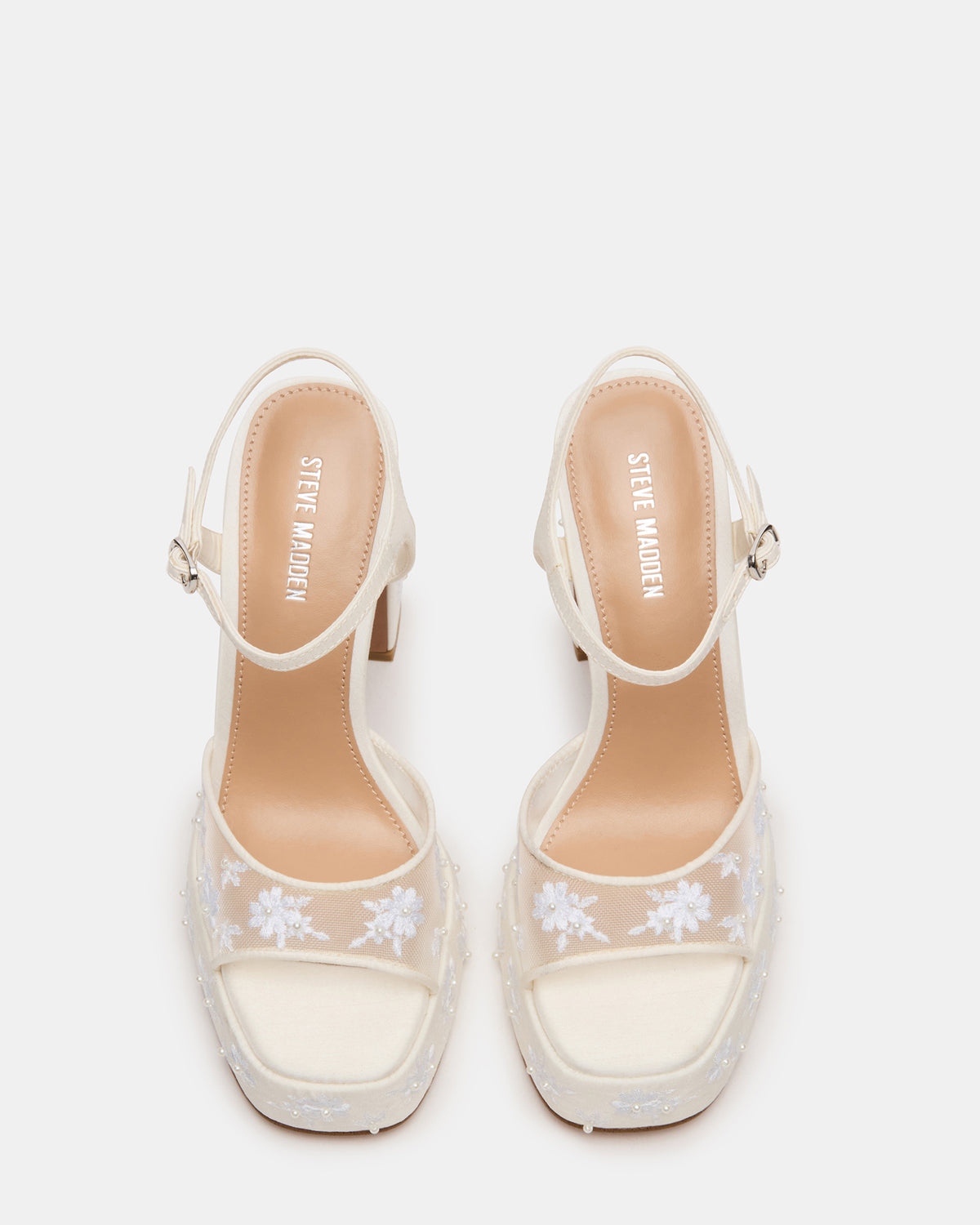 LIANDRA Embellished White Mesh Platform Square-Toe Strappy Women's Heel | Steve Madden