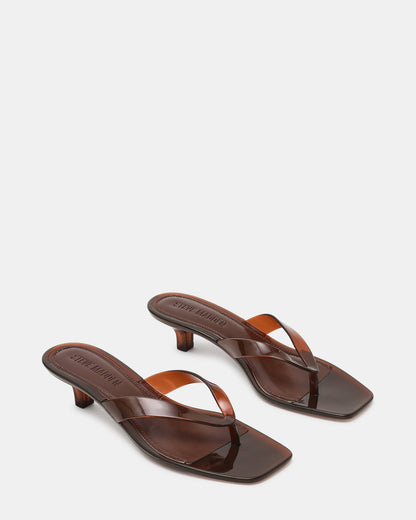 TRACIE Jelly Dark Brown Thong Strap Women's Kitten Heel | Steve Madden