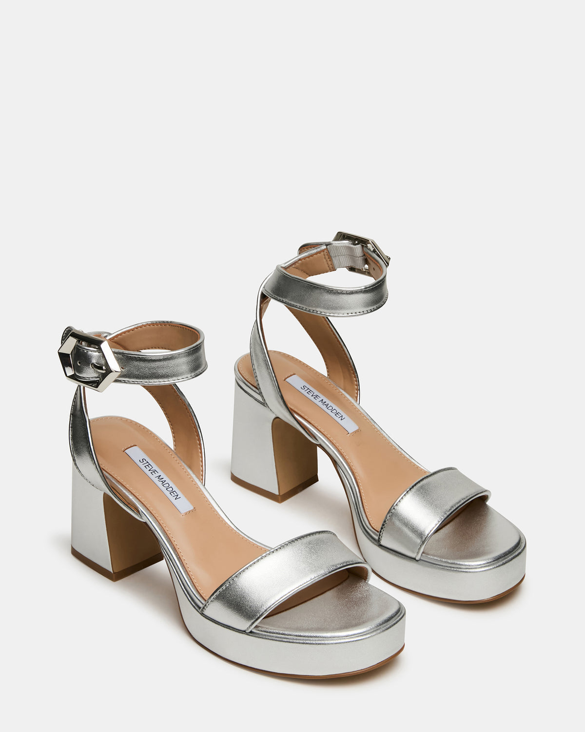 ELIDA Silver Leather Ankle Strap Platform Women's Block Heel | Steve Madden