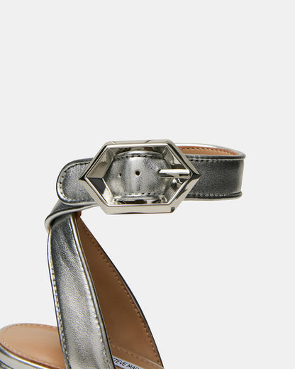 ELIDA Silver Leather Ankle Strap Platform Women's Block Heel | Steve Madden