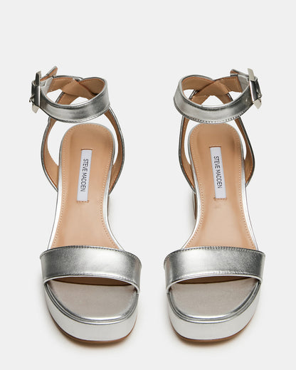 ELIDA Silver Leather Ankle Strap Platform Women's Block Heel | Steve Madden
