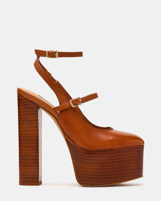 SCOTLYN Stacked Tan Leather Mary-Mary Platform Women's Block Heel | Steve Madden