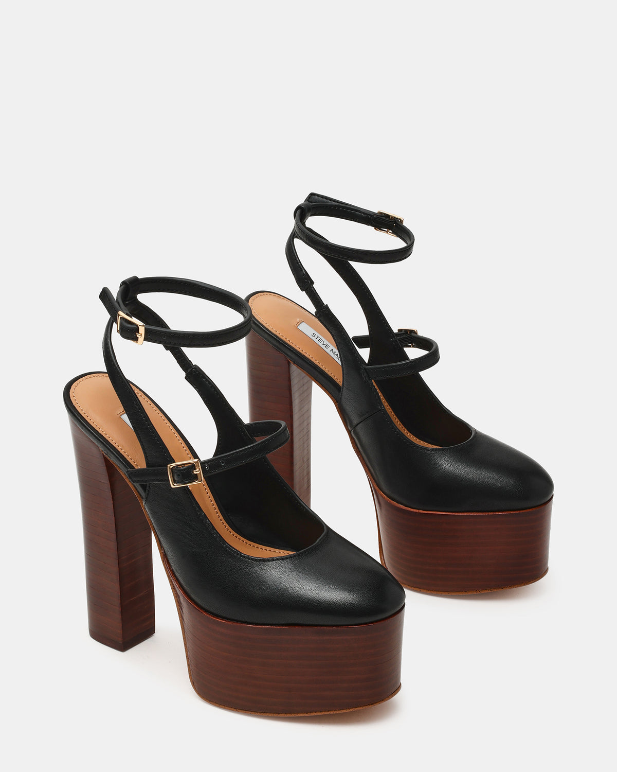 SCOTLYN Stacked Black Leather Mary-Mary Platform Women's Block Heel | Steve Madden