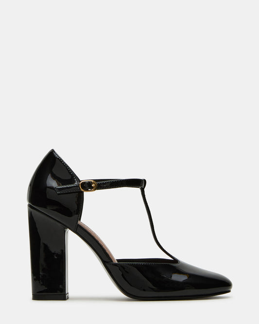 MALCOLM Black Patent T-Strap Block Heel Women's Heel | Steve Madden
