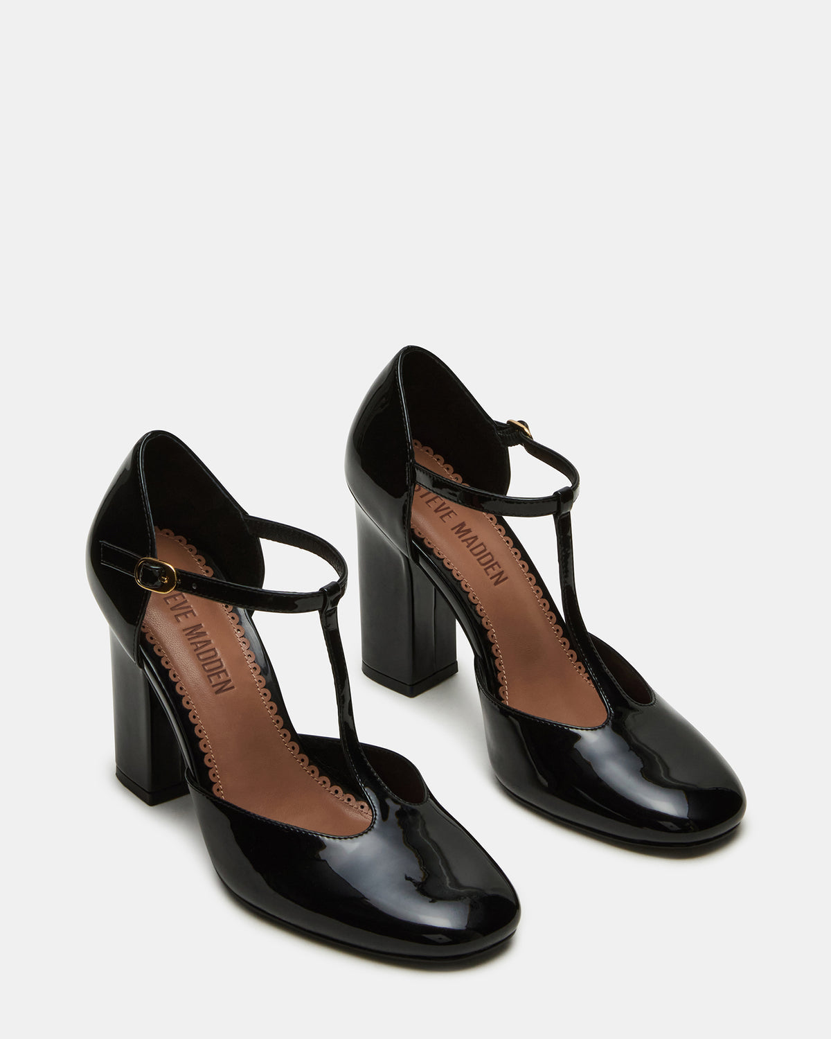 MALCOLM Black Patent T-Strap Block Heel Women's Heel | Steve Madden