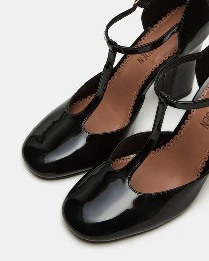 MALCOLM Black Patent T-Strap Block Heel Women's Heel | Steve Madden