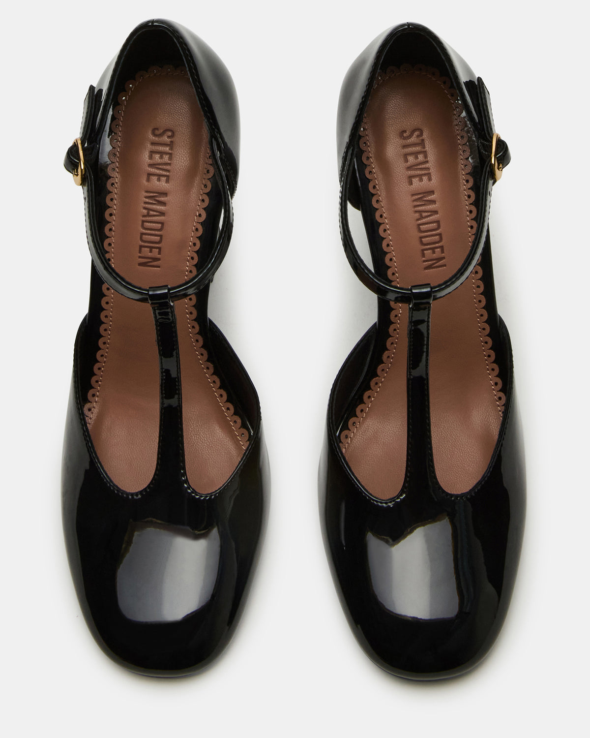 MALCOLM Black Patent T-Strap Block Heel Women's Heel | Steve Madden