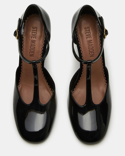 MALCOLM Black Patent T-Strap Block Heel Women's Heel | Steve Madden