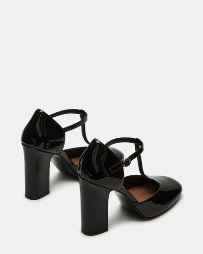 MALCOLM Black Patent T-Strap Block Heel Women's Heel | Steve Madden