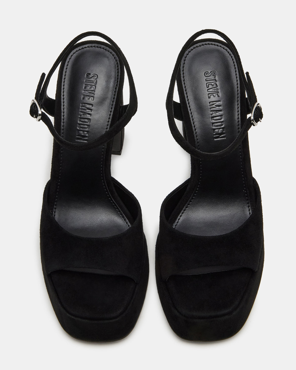 LINADRA Black Suede Women's Platform Square-Toe Strappy Heel | Steve Madden
