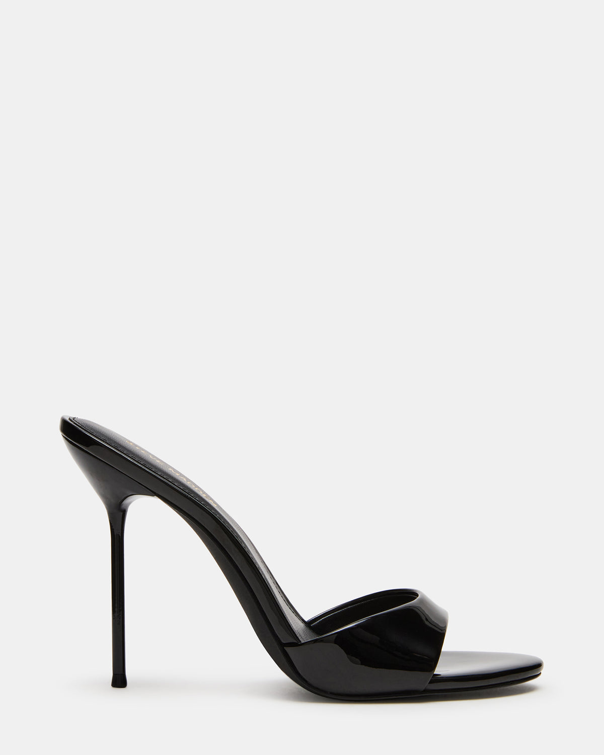 DAVINA Black Patent Rounded Open-Toe Mule Stiletto Women's Heel | Steve Madden