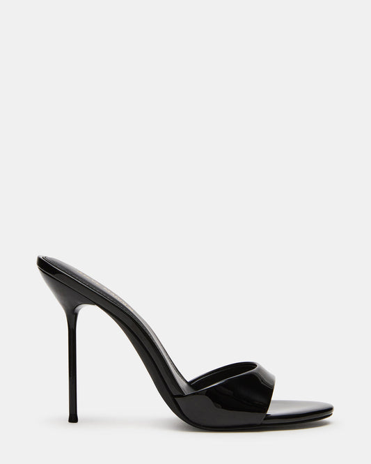 DAVINA Black Patent Rounded Open-Toe Mule Stiletto Women's Heel | Steve Madden